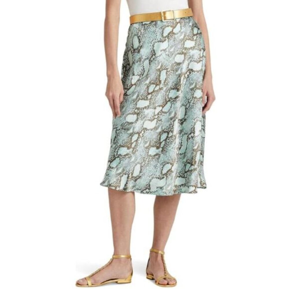 Lauren Ralph Lauren Skirt Size 6 Black Green Snakeskin Pattern Midi Skirt Silk